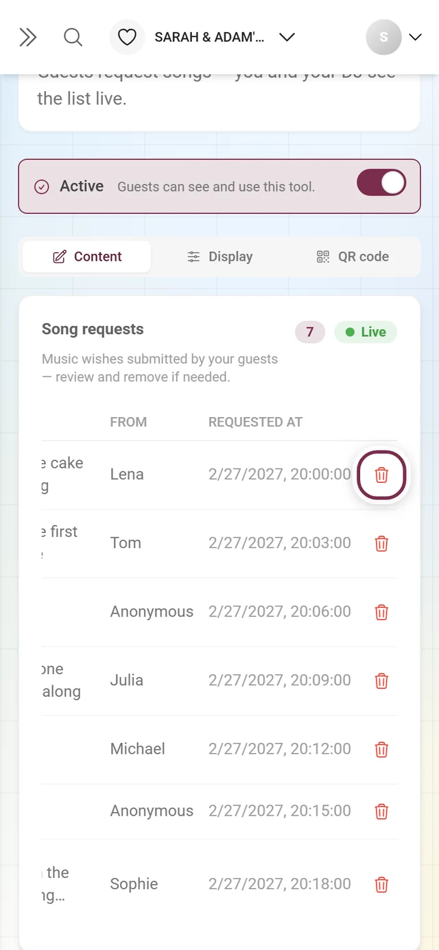 Request list with the bin icon at the end of the first row highlighted