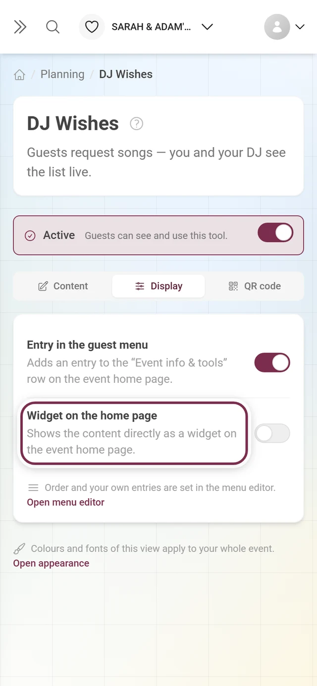 DJ wishes display tab with the widget switch highlighted