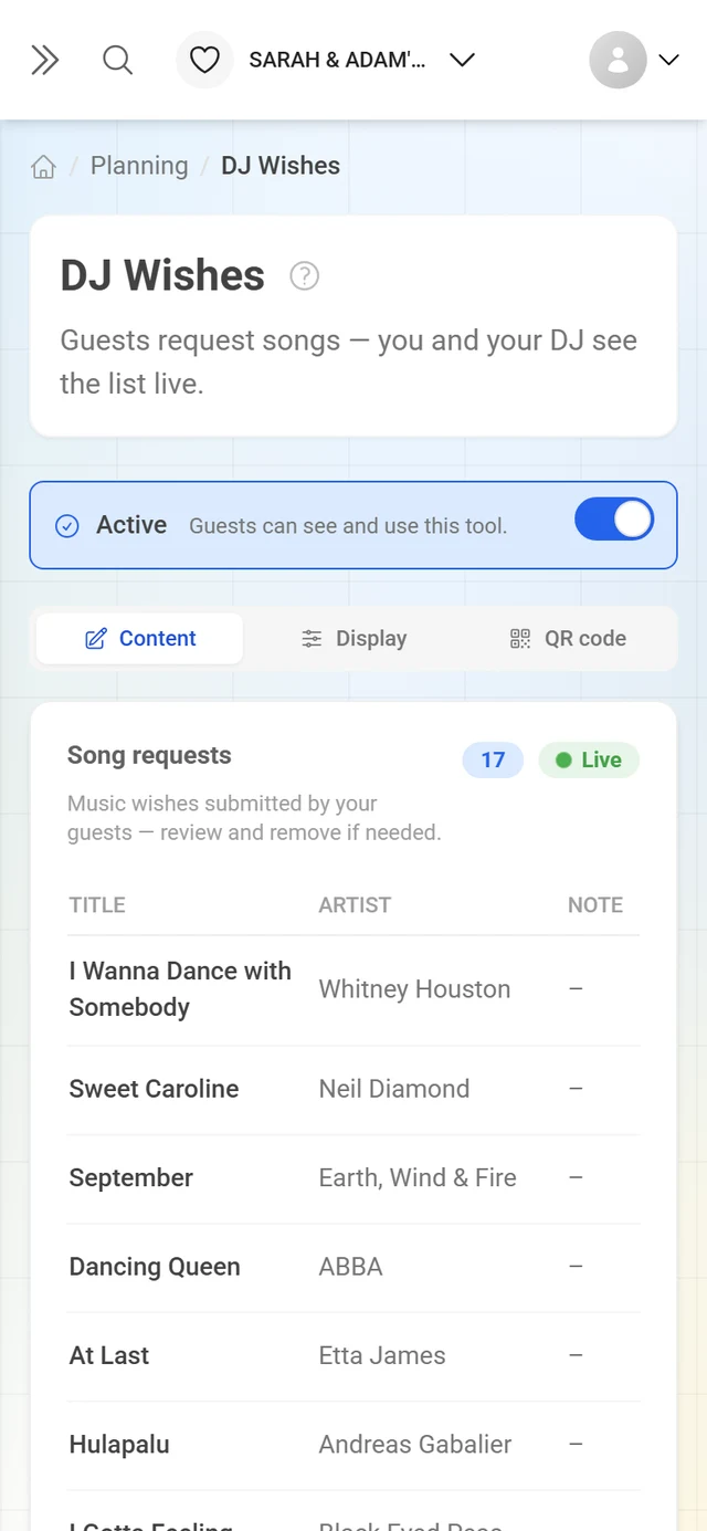 Live list of song requests with title, artist and requester