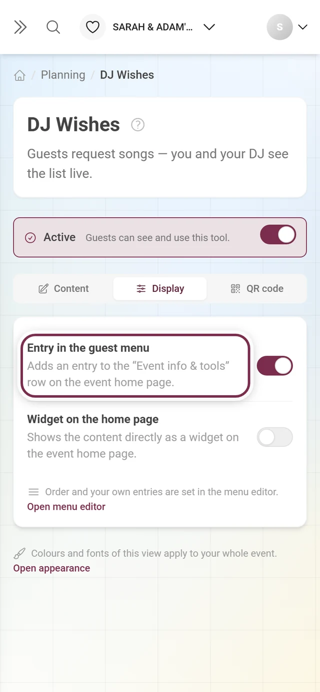 Display tab of the DJ wishes with the Entry in the guest menu switch highlighted