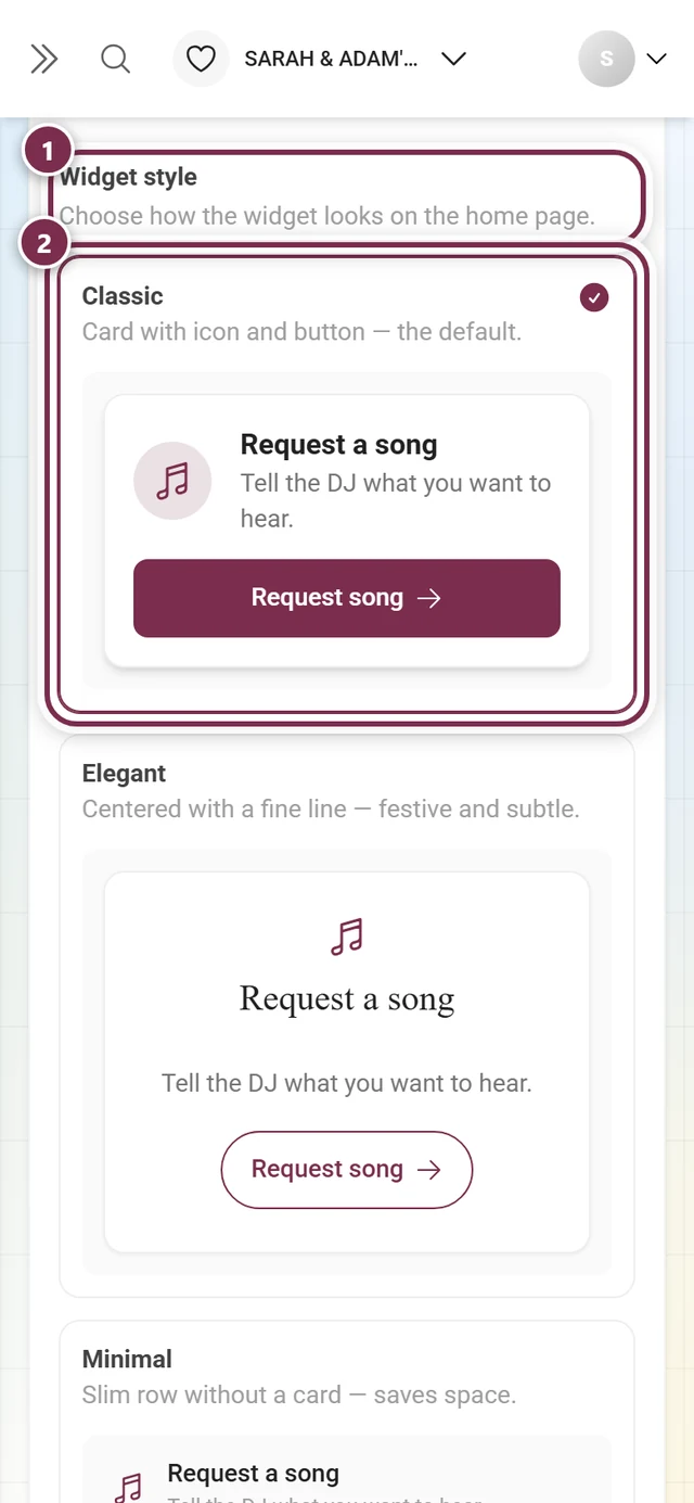 Widget style block with the heading and the Classic card highlighted