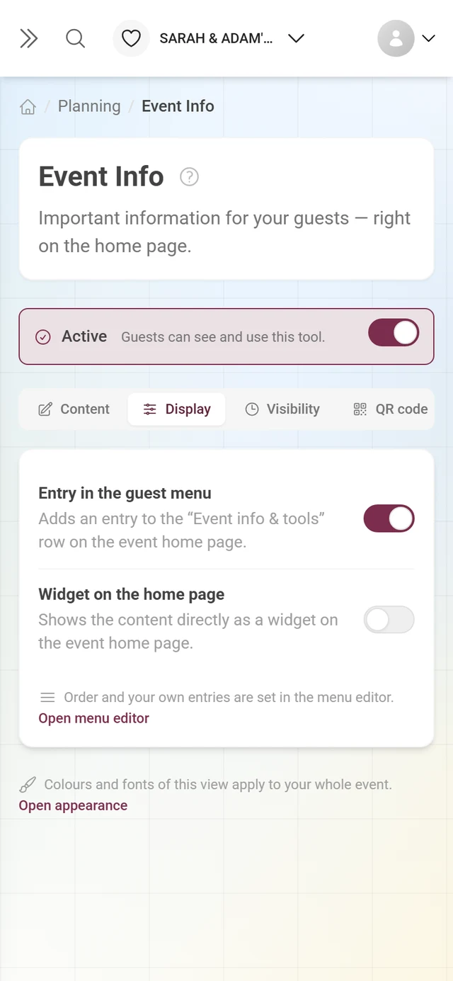 Display tab of the event info tool with the guest menu and widget switches