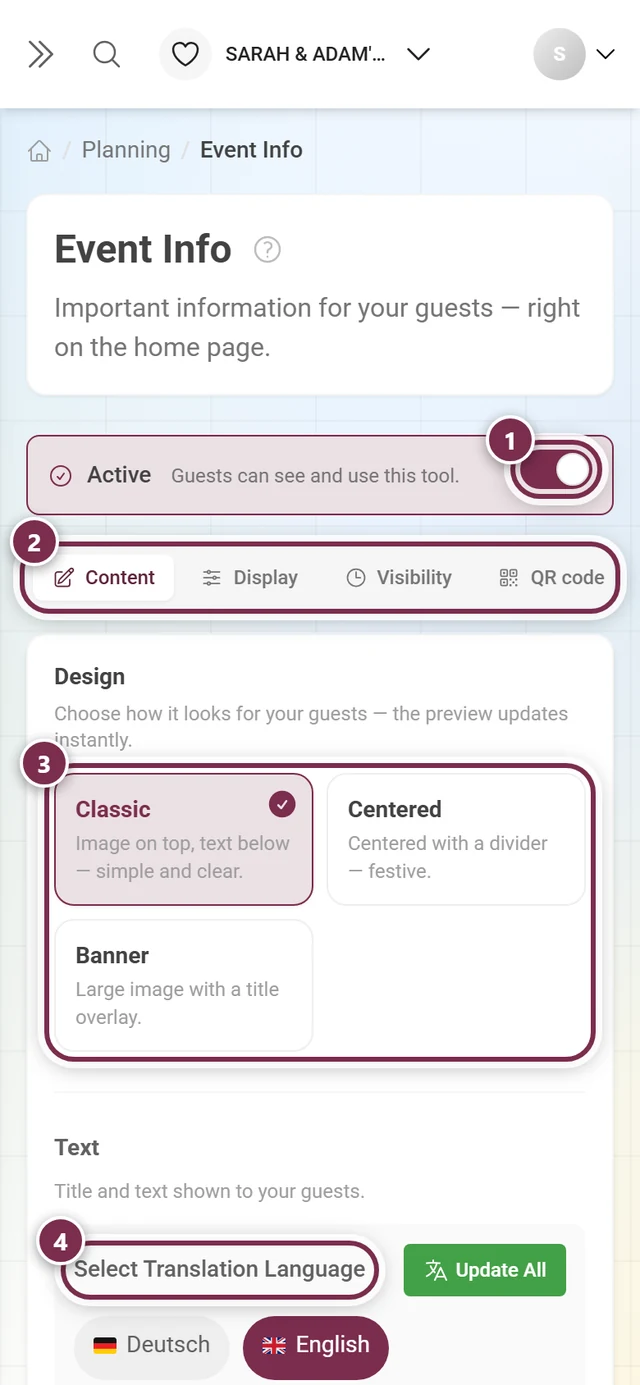 Event info editor with the active switch, tabs, design picker and language switch highlighted