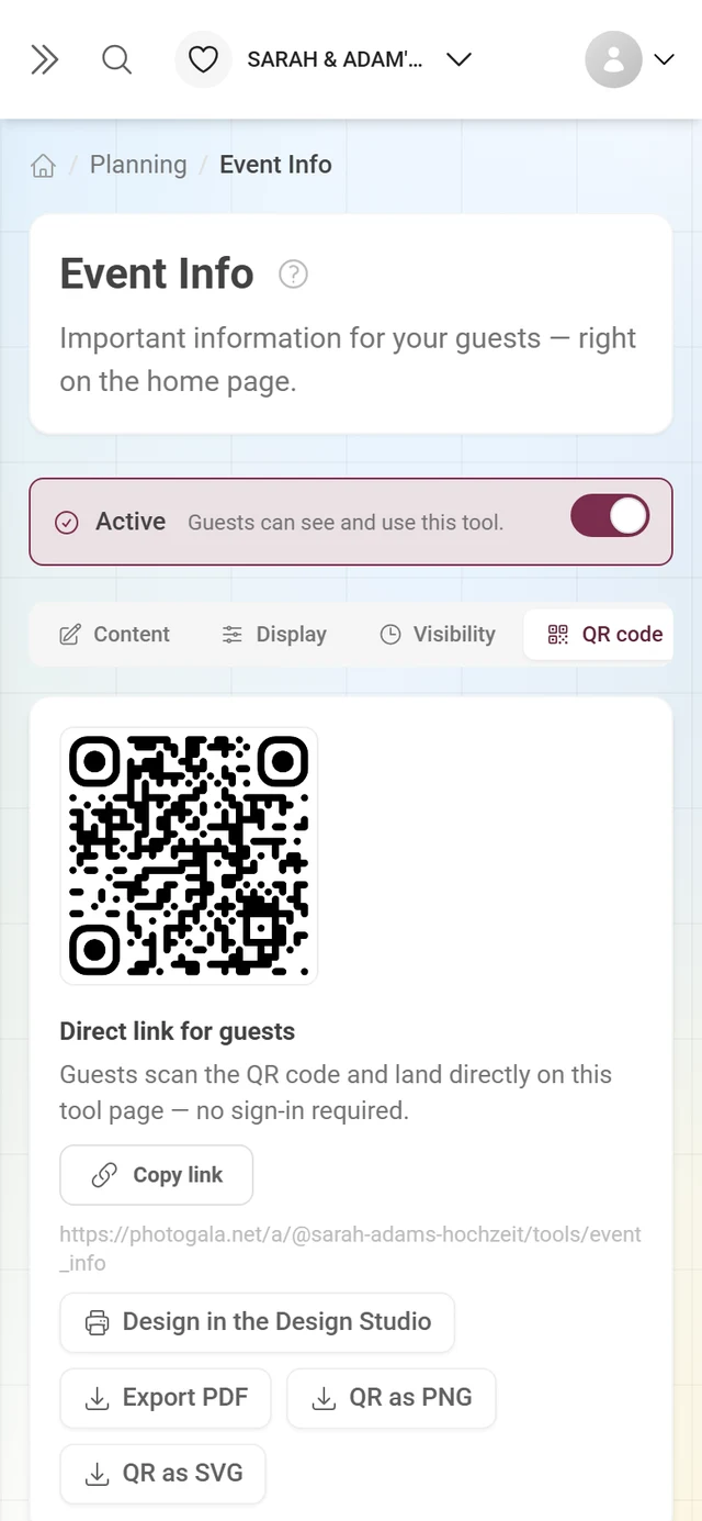 QR code tab of a tool with direct link, QR image and the export buttons