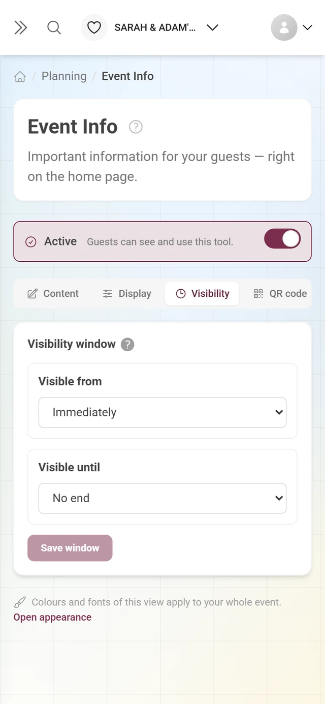 Visibility tab with Visible from Immediately and Visible until Unlimited