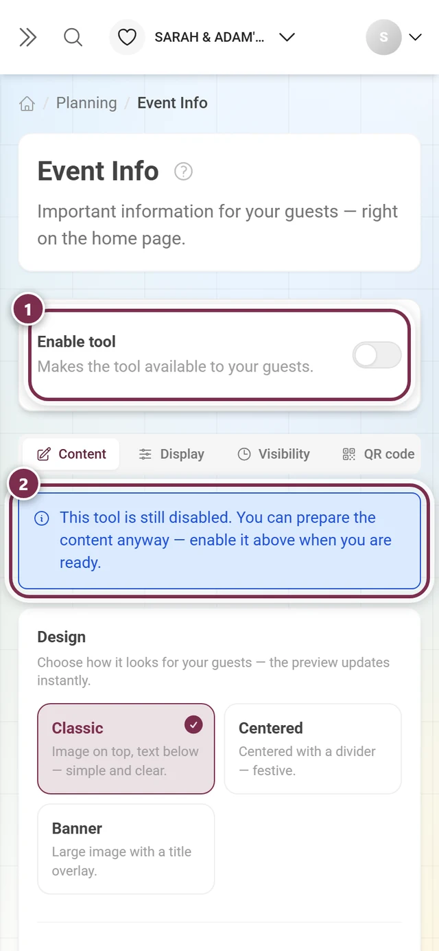 Event Info page with the tool switch turned off and a blue hint below it
