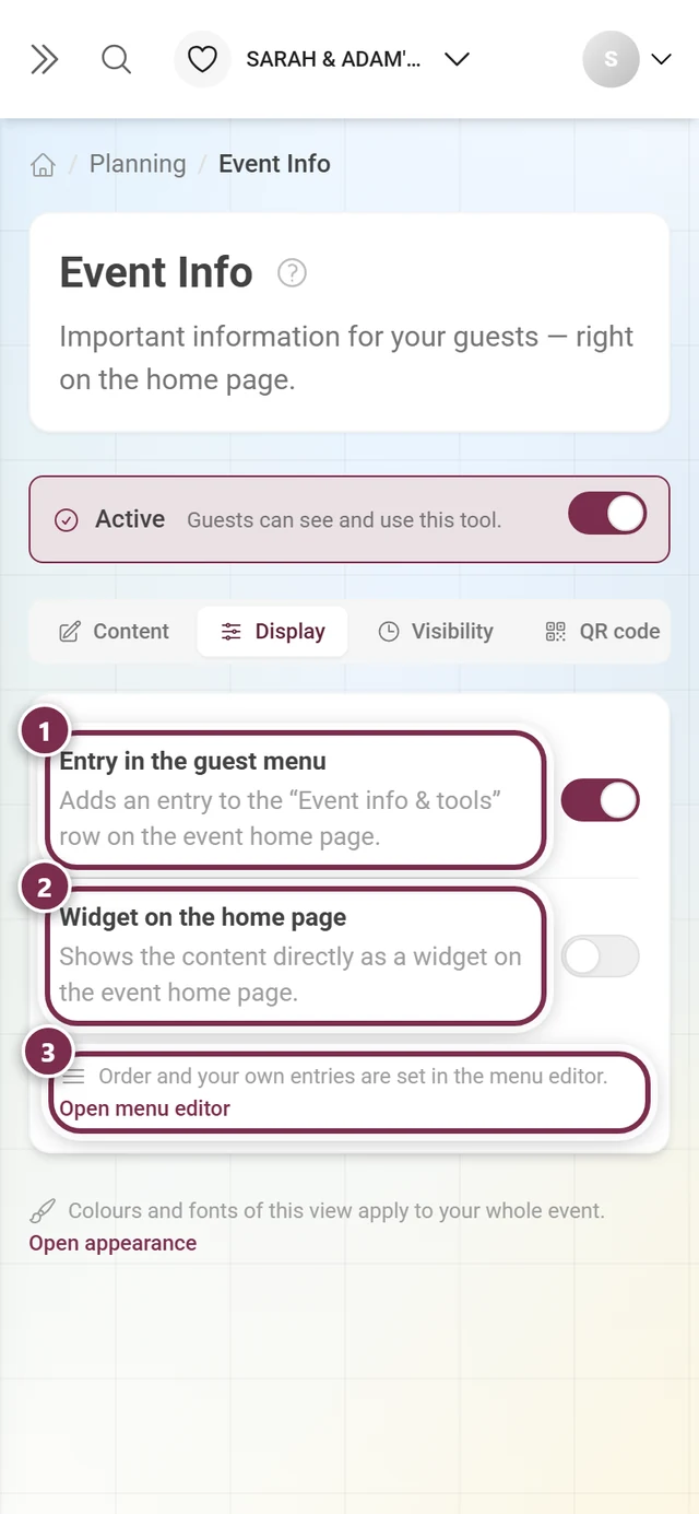 Display tab with the switches for the guest menu entry and the home page widget