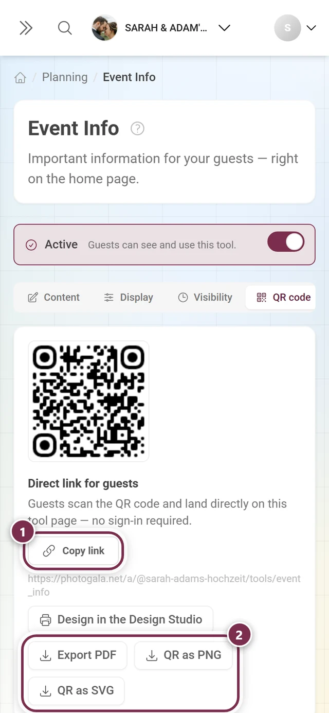 QR code tab with the code, the Copy link button and the output buttons
