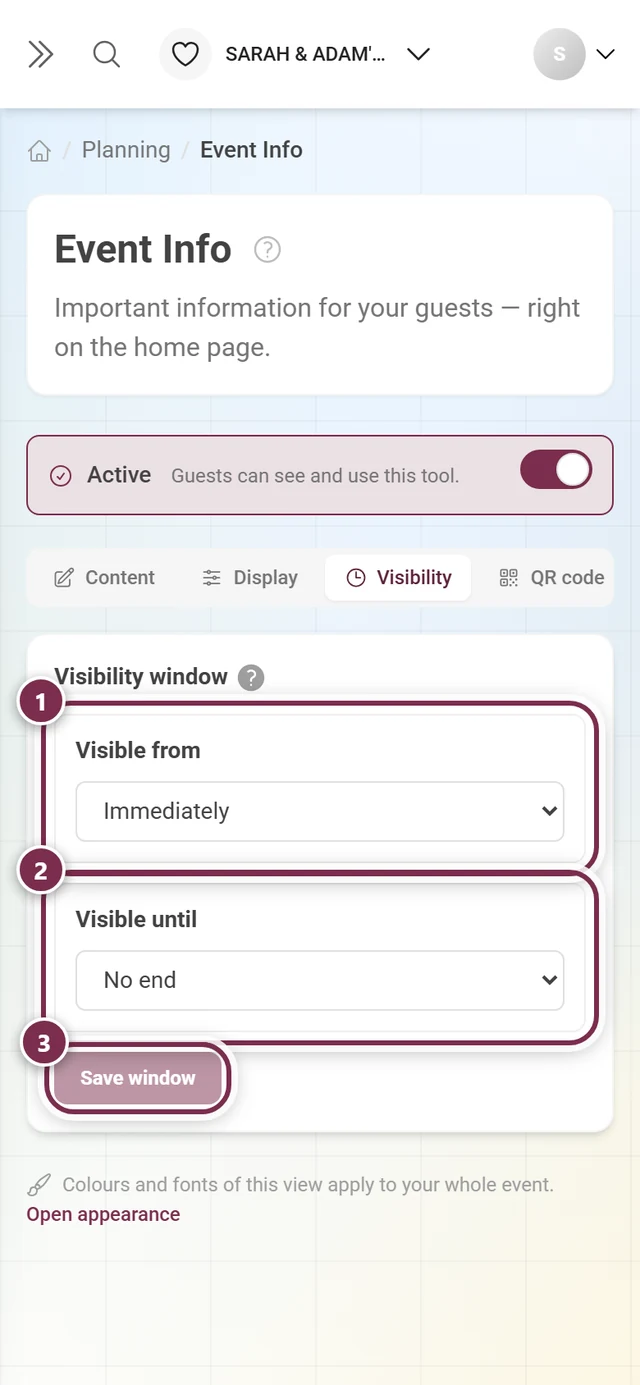 Visibility tab with Visible from set to Immediately, Visible until set to No end and the Save window button