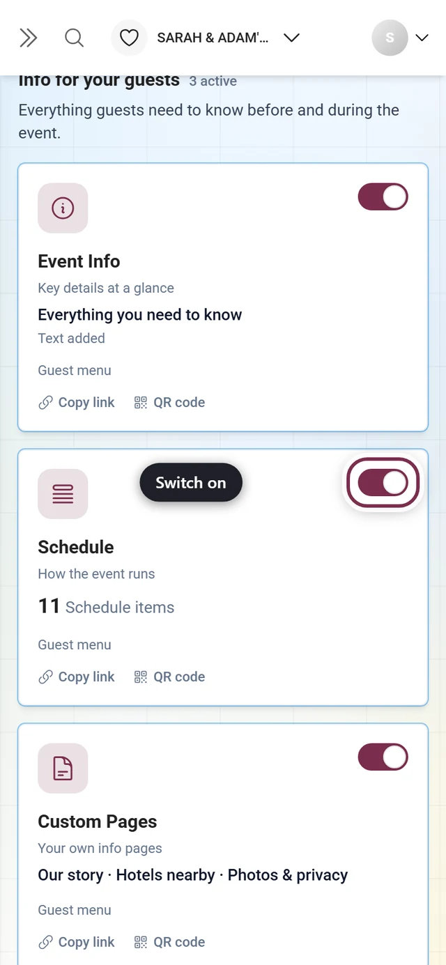 Tool grid with the switch on the Schedule tile highlighted