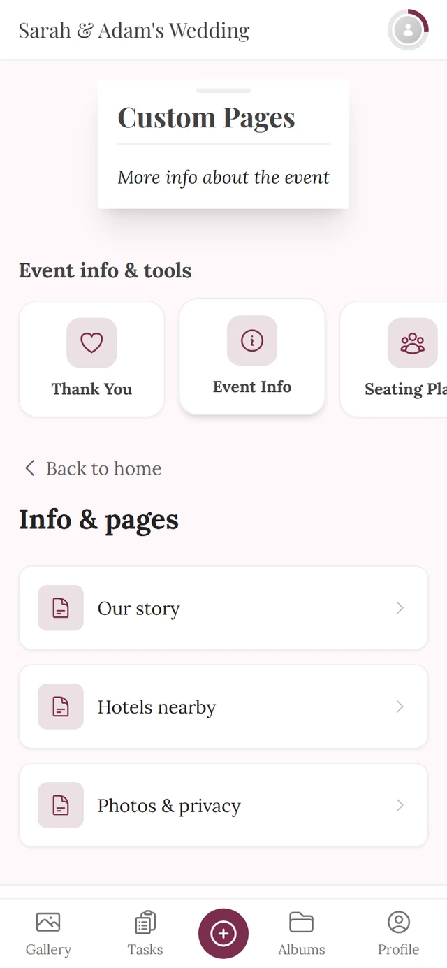 Overview of the custom pages with three entries below one another