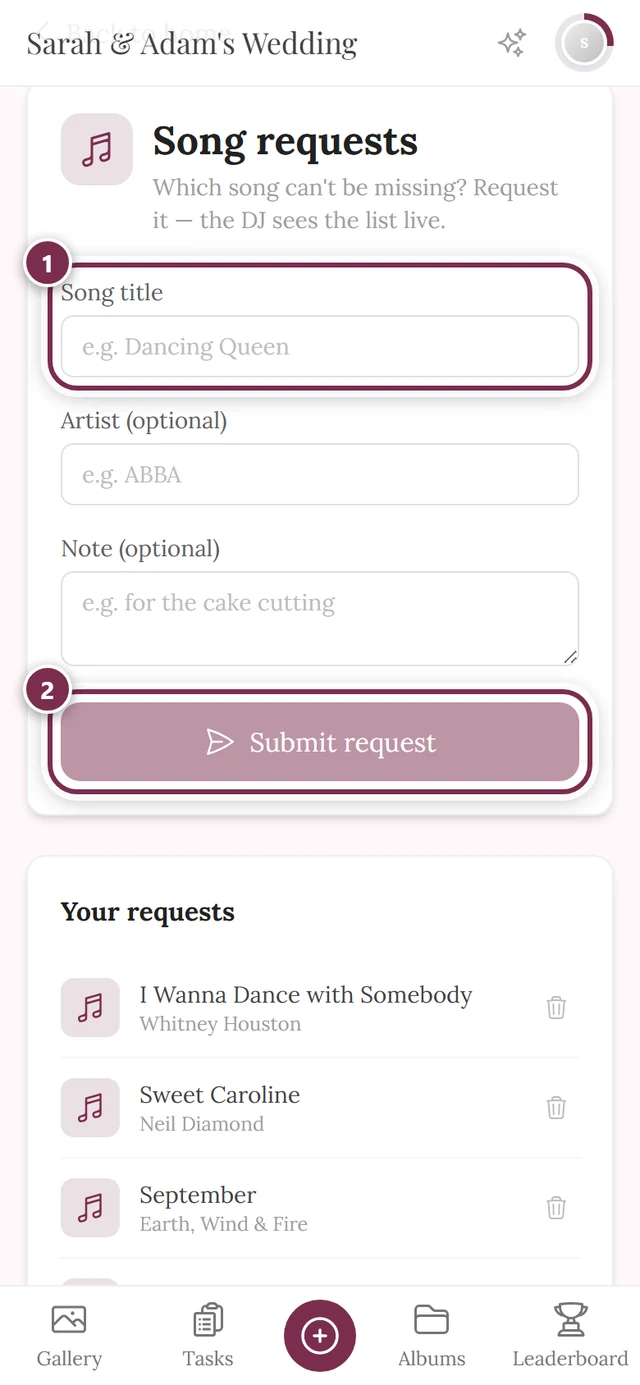 Guest request form with numbered rings around song title and submit