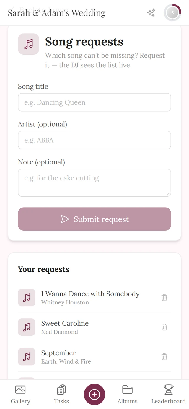Song request form with the fields song title, artist and note