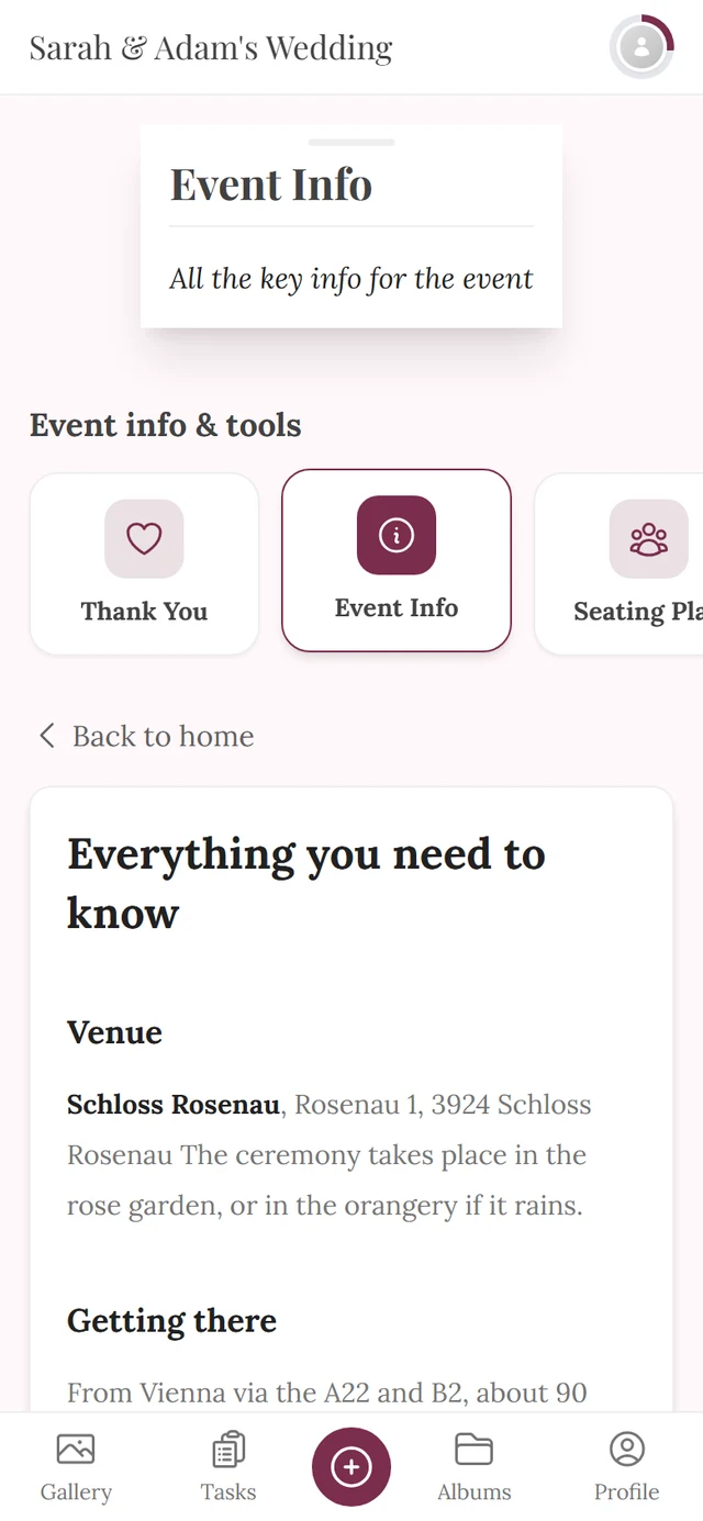 Event info tool page from the guest's view with sections on venue, getting there and parking