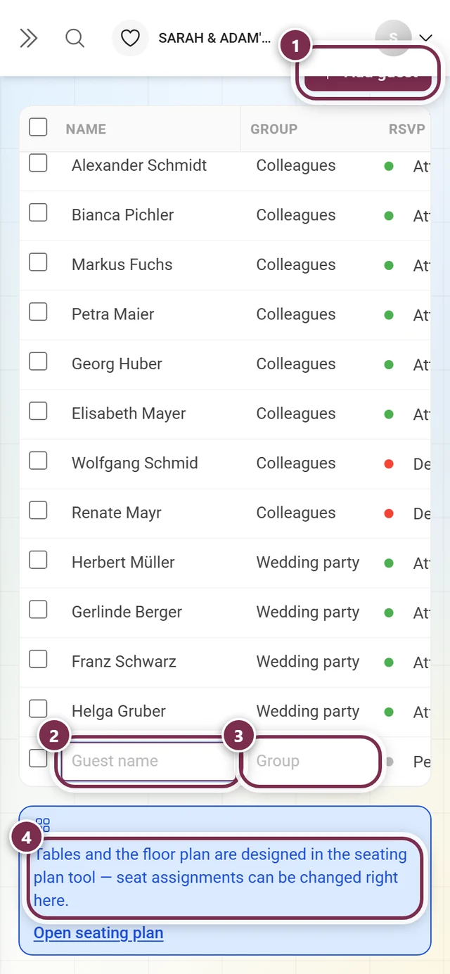 Guest list with the Add guest button, the new row with name and group and the note about the seating plan highlighted