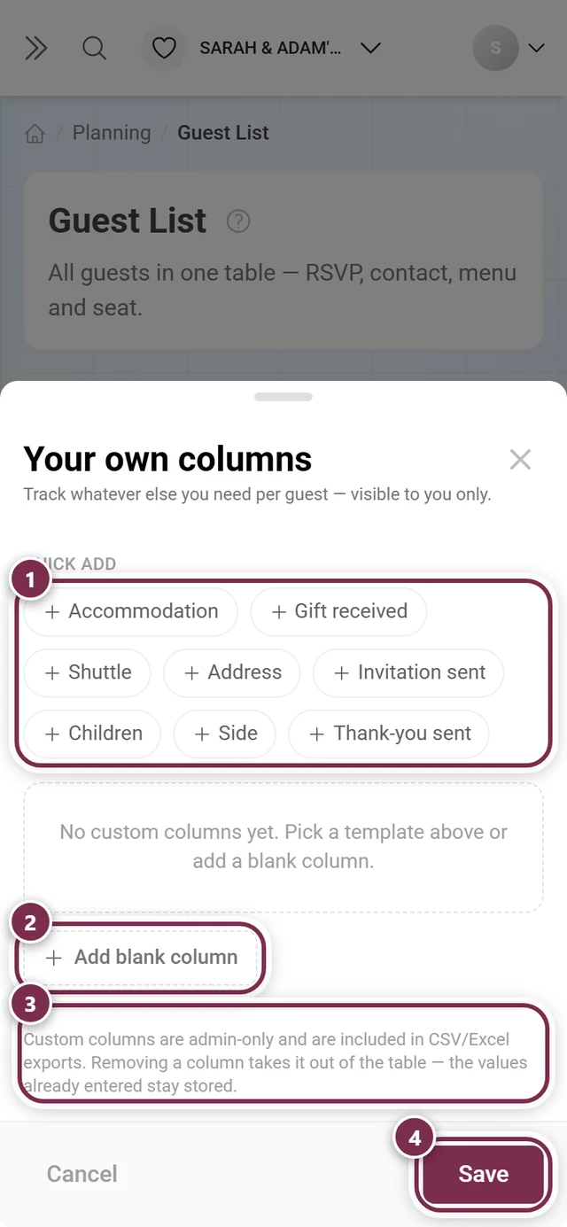 Your own columns dialog with the template grid, Add blank column, the admin-only note and Save highlighted