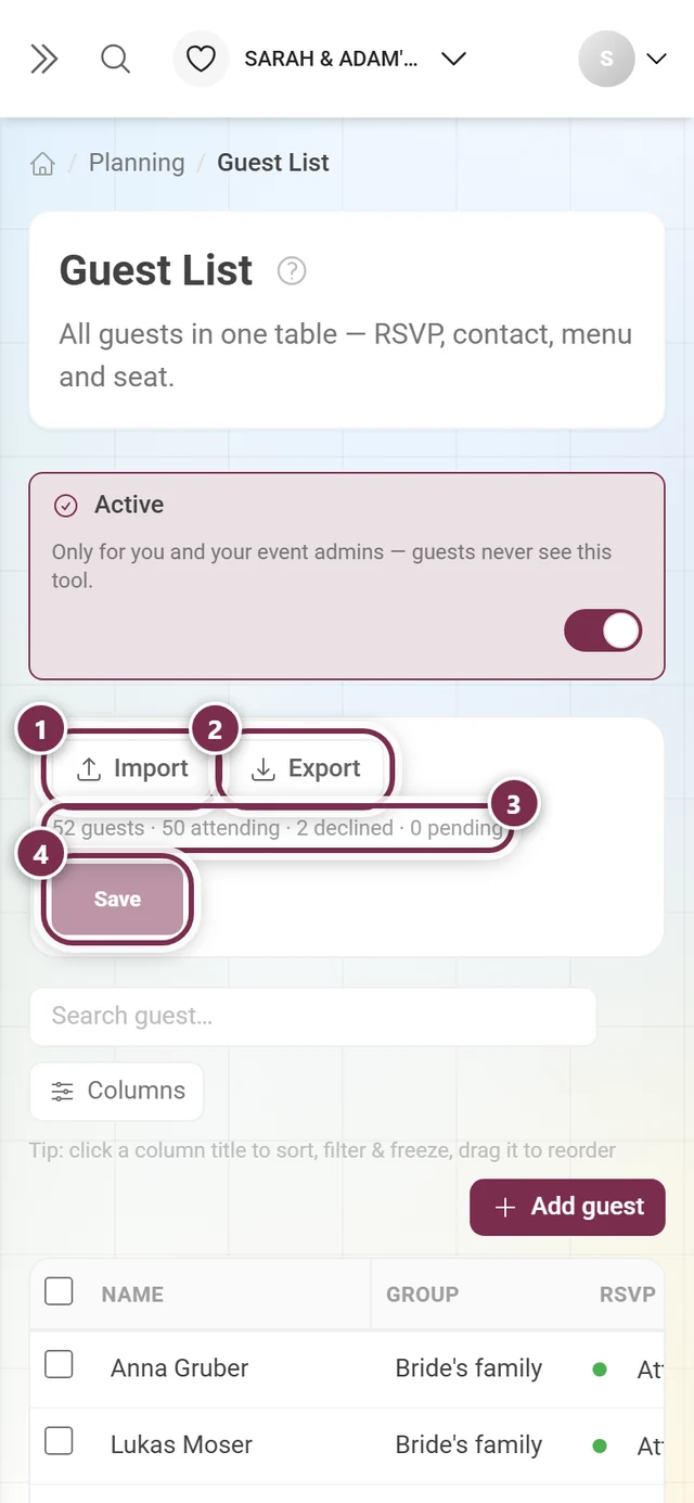 Guest list action bar with import, export, the tally and the save button highlighted
