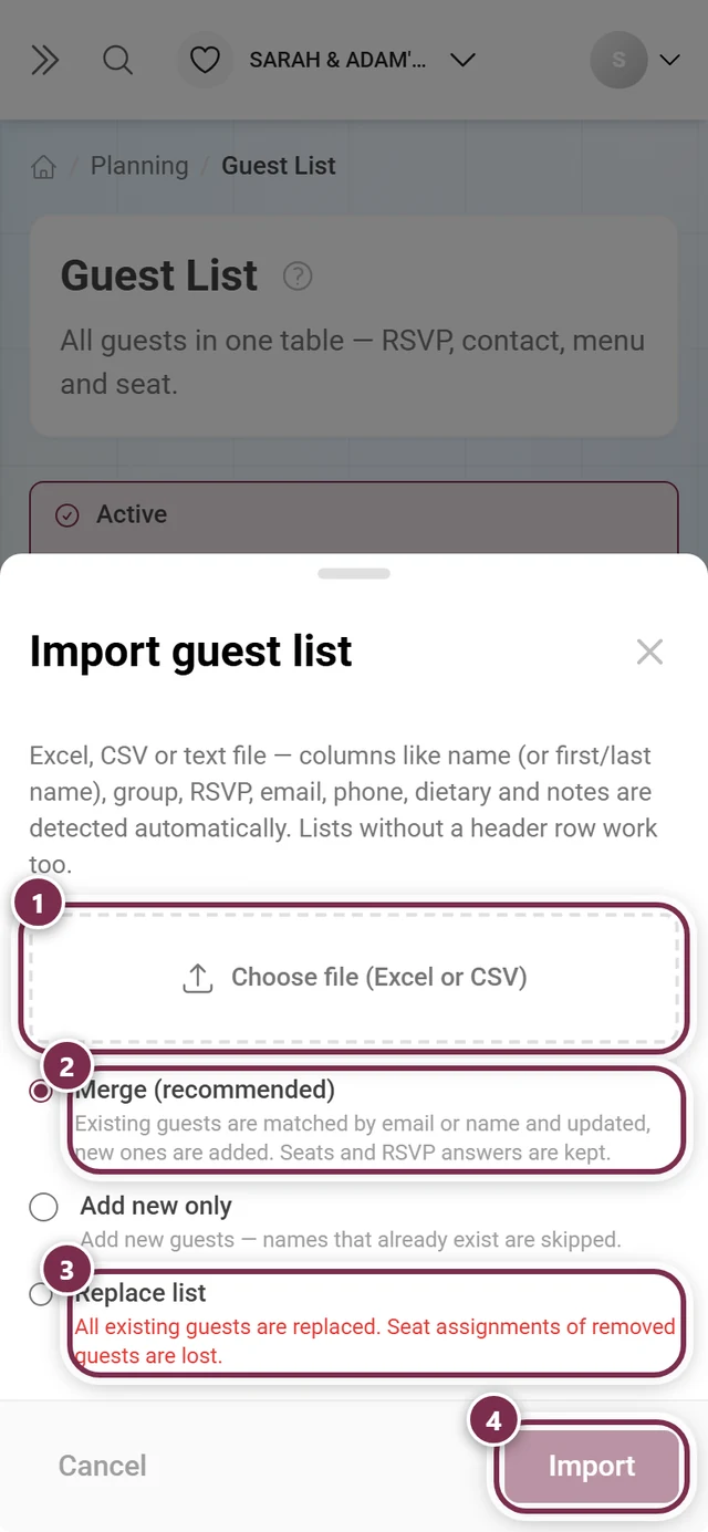 Import guest list dialog with the file picker, the Merge and Replace options and the Import button highlighted