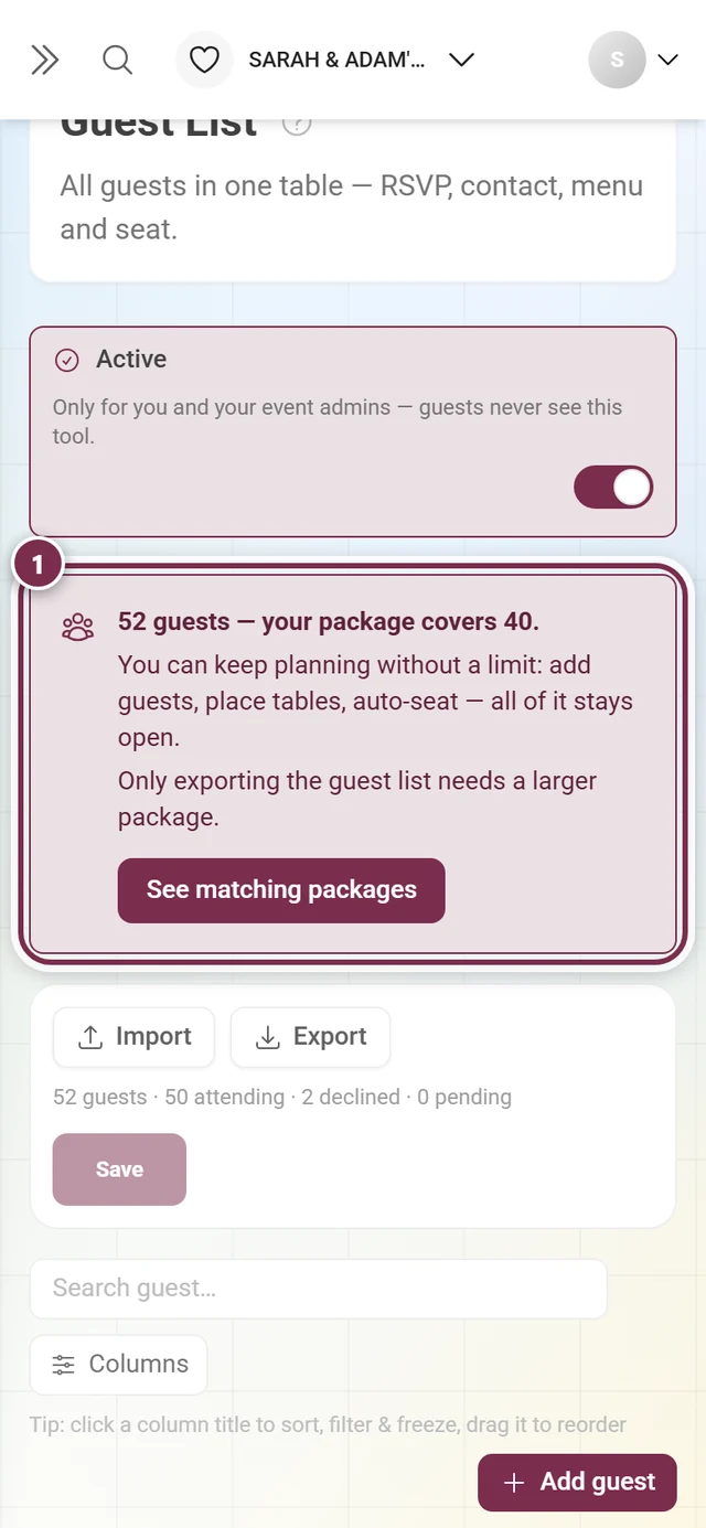 Guest list with the allowance box above the action bar highlighted