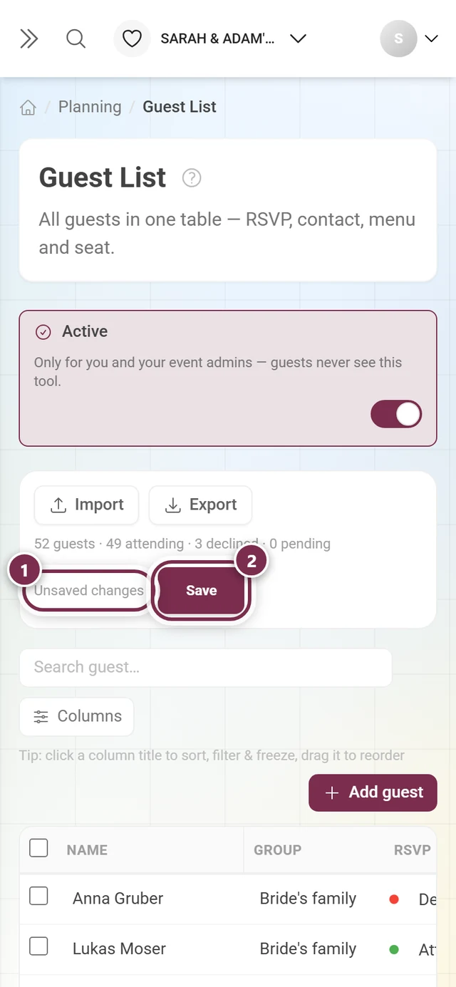 Guest list action bar with the unsaved changes note and the active save button highlighted