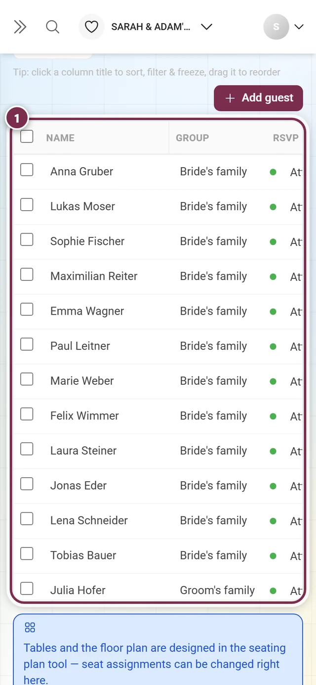 Guest list on the phone with the sideways scrollable table area highlighted