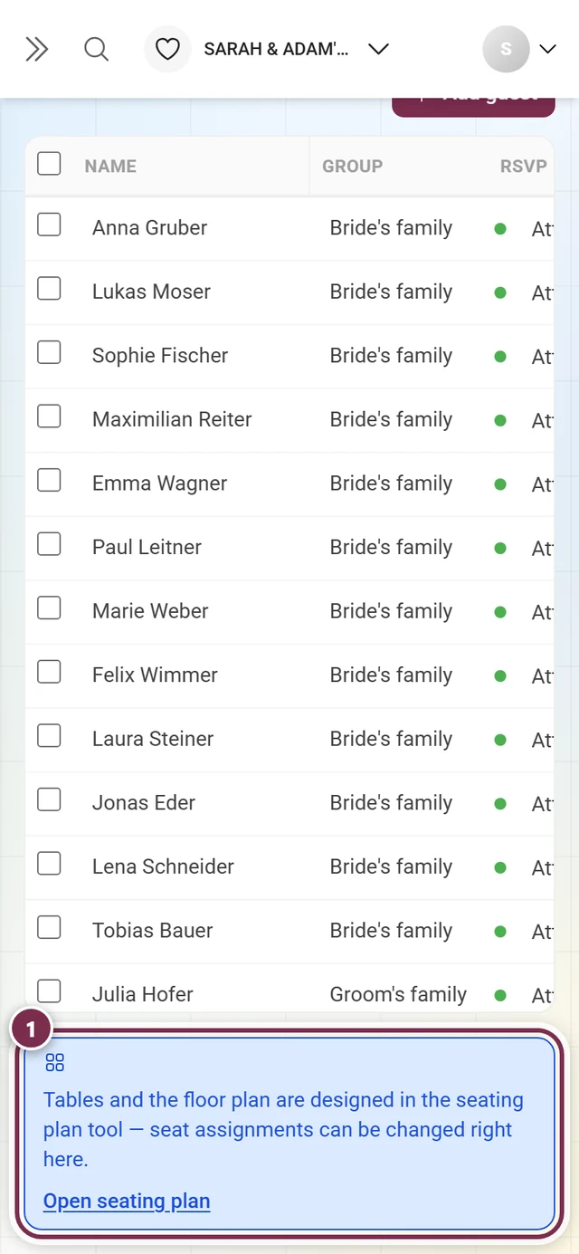 Guest list with the note band at the bottom of the table highlighted