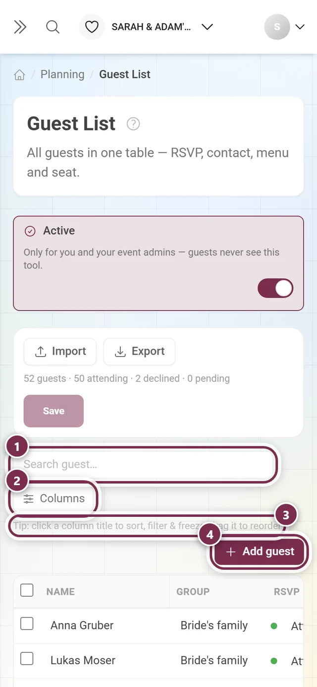 Bar above the table with the search field, columns button, the handling tip and add guest highlighted