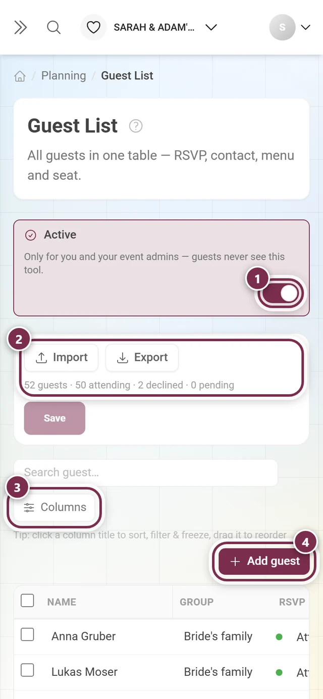 Guest list with the active switch, import and export, the columns button and add guest highlighted