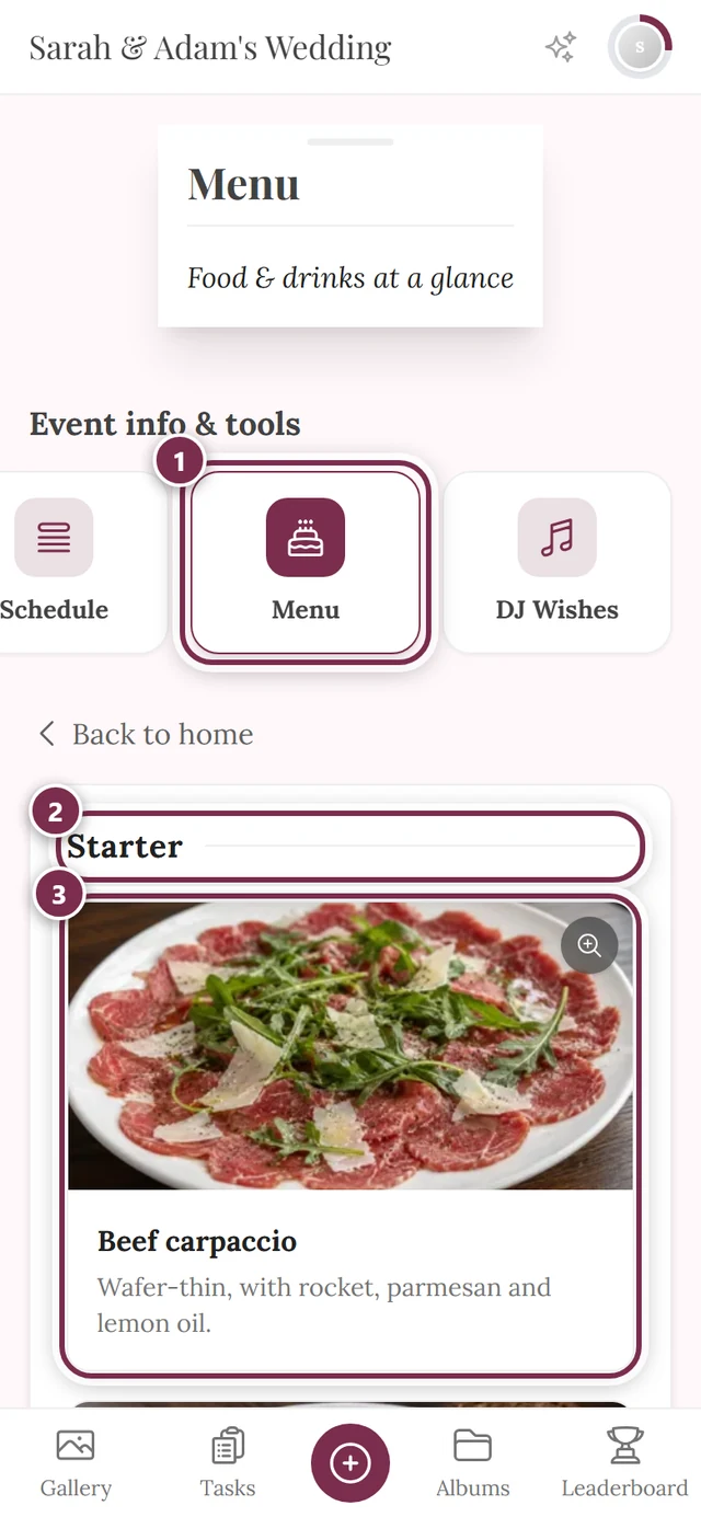 Menu page with courses and dishes
