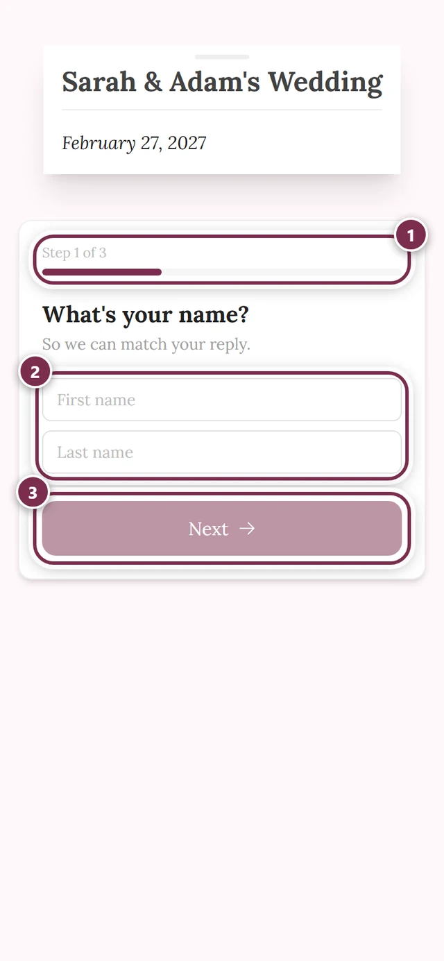 The RSVP form from a guest's point of view with the step indicator and the name field