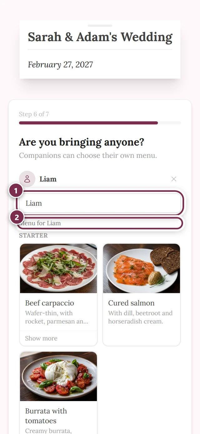 Plus-one step with the name field and the heading Menu for Liam