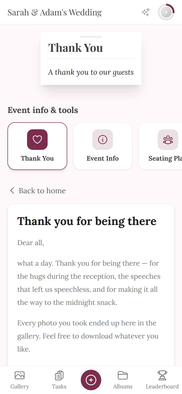 Thank-you note in the guest view with heading, text and the highlighted Thank You tile