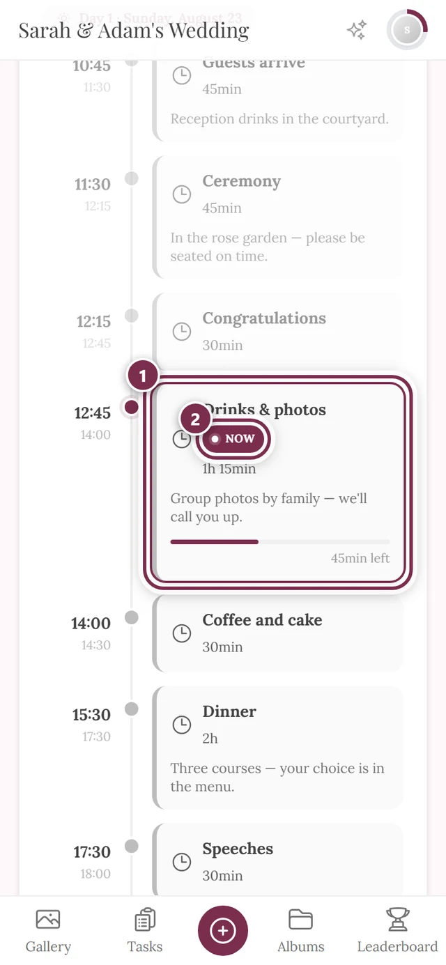 Schedule during the event with the running item highlighted and the Now marker