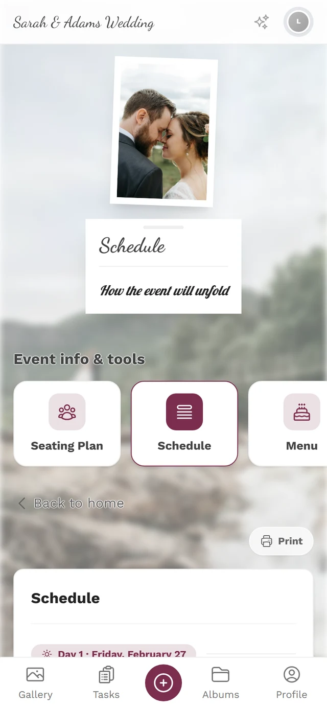 Schedule page with the event's programme items and the Print button