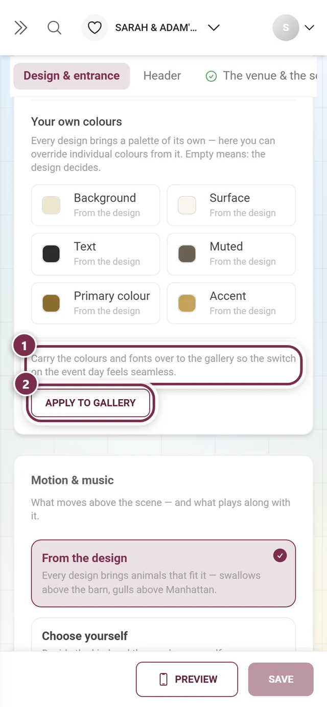 Apply to gallery with numbered rings around the hint and the button, the six color roles above it