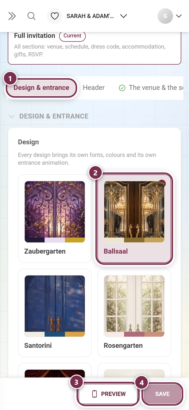 Design & entrance tab with numbered rings around the tab, the chosen design, Preview and Save