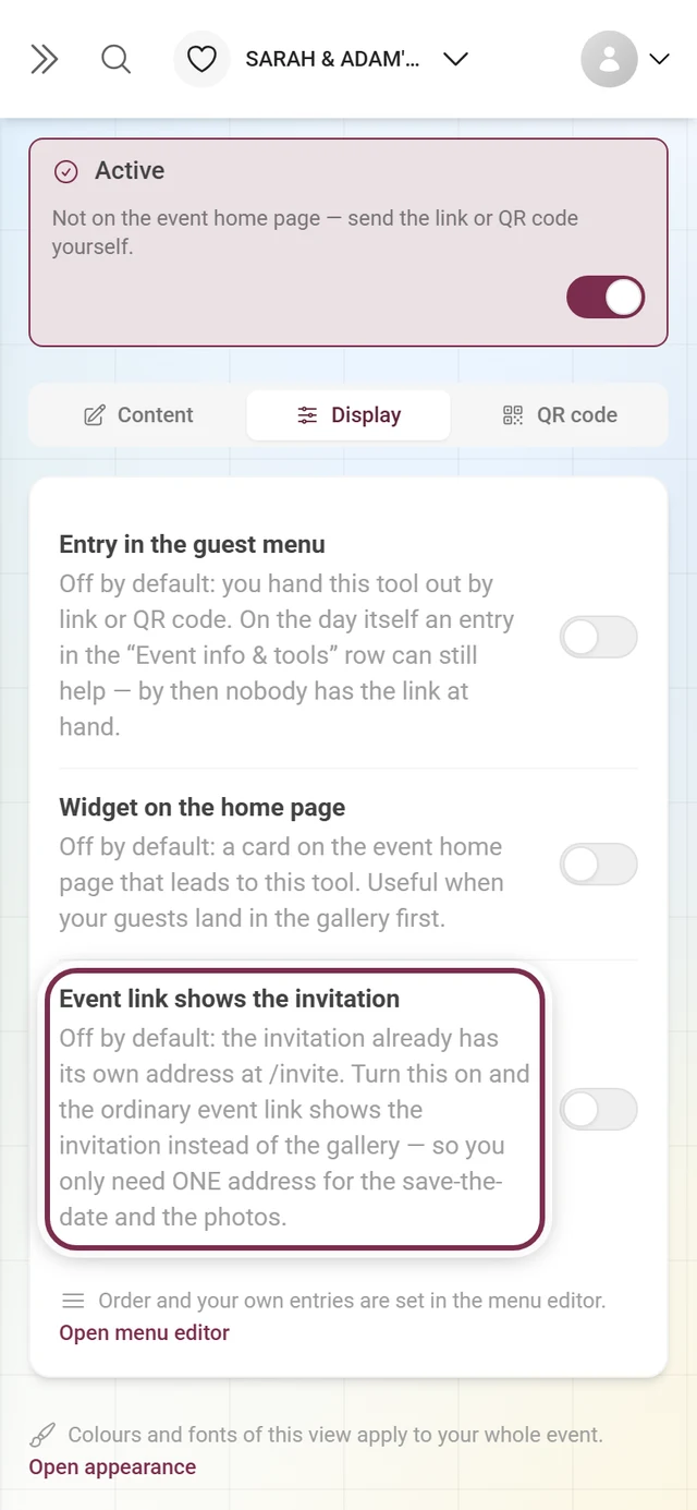Invitation display tab with the event link switch highlighted