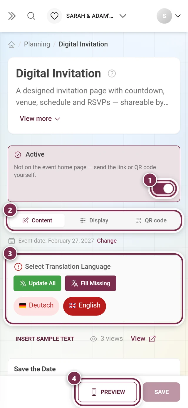 Digital invitation editor with the master switch, tabs, language block and preview button highlighted
