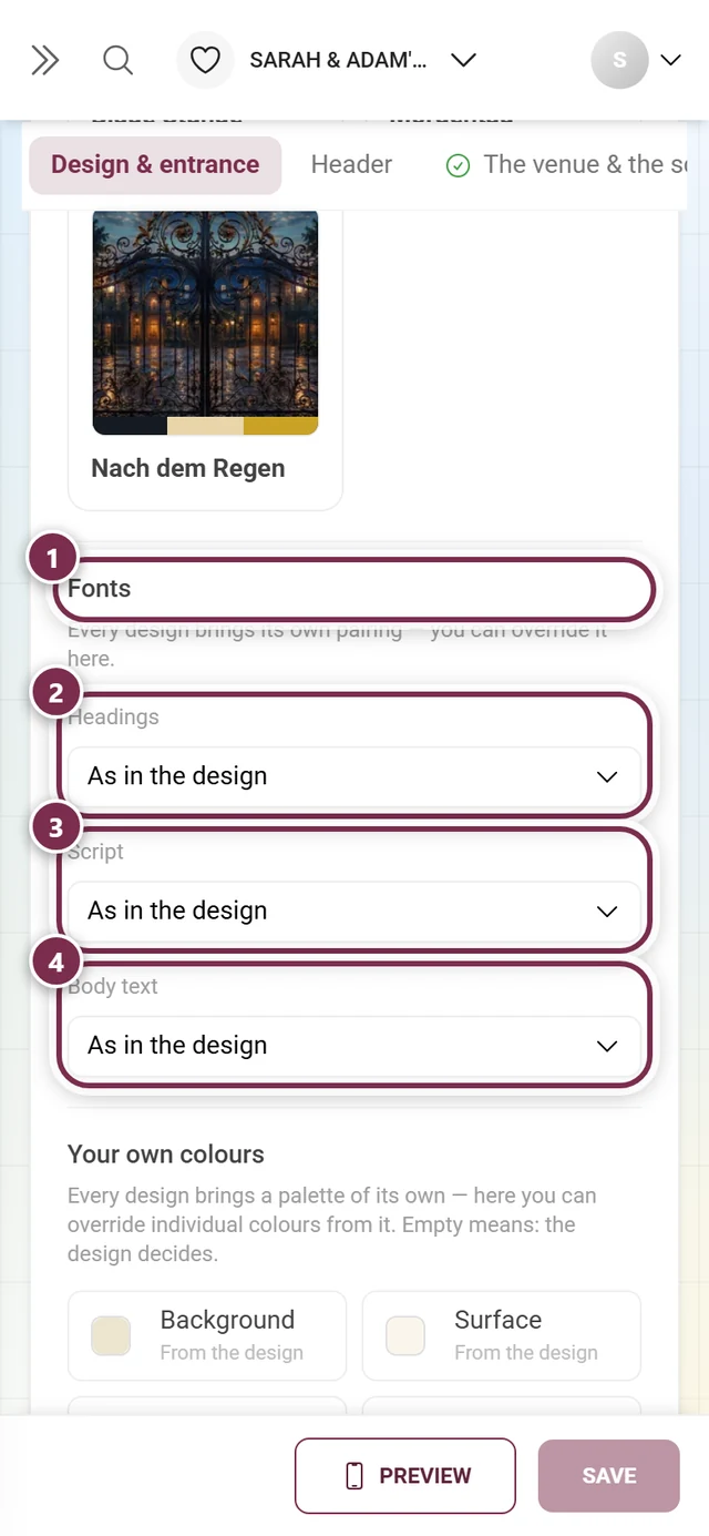 Fonts section with numbered rings around the heading and the three roles