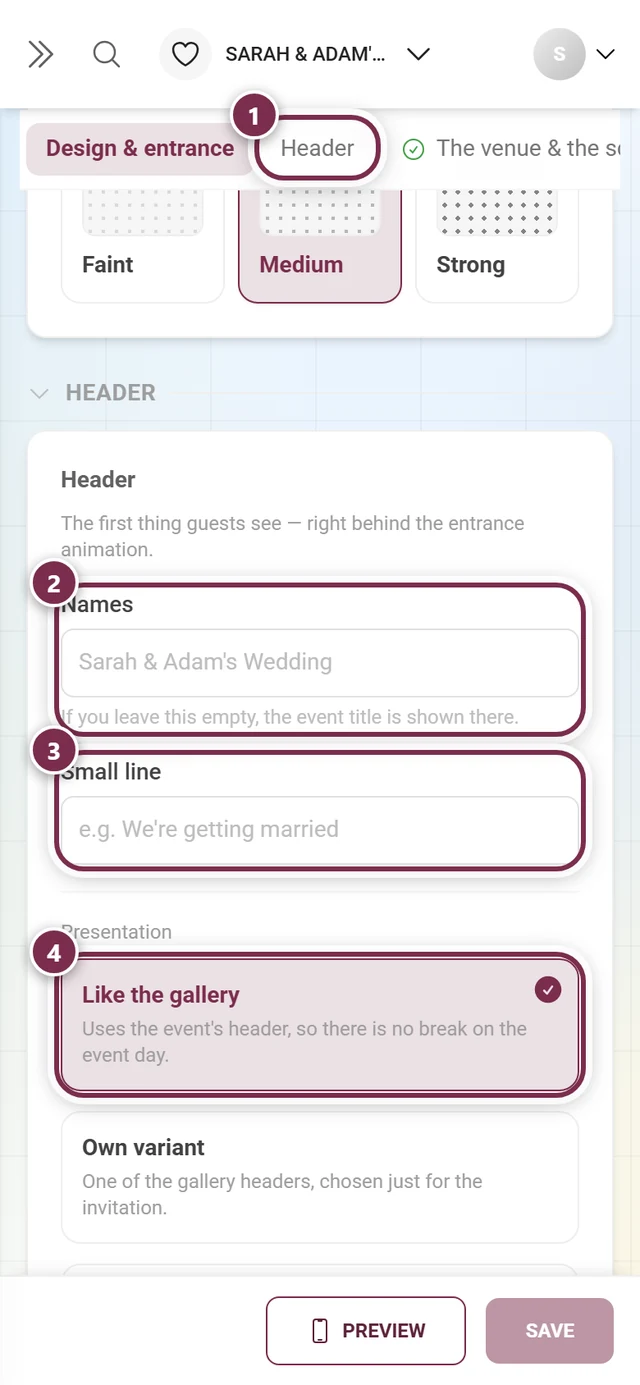 Header tab with numbered rings around the tab, Names, Small line and the presentation