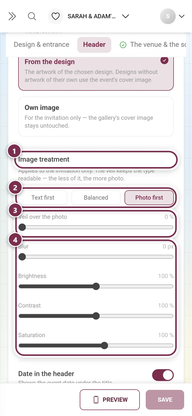 Image treatment with numbered rings around the heading, the three presets, the veil slider and the four remaining sliders