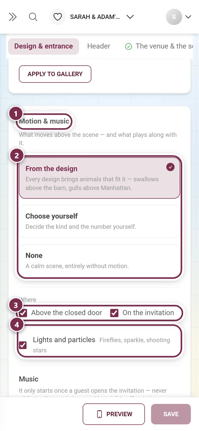 Motion & music section with numbered rings around the heading, the three cards, the Where checkboxes and Lights and particles