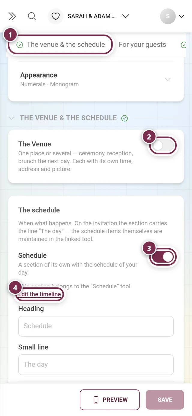 The venue & the schedule tab with numbered rings around the tab, both switches and Edit the timeline