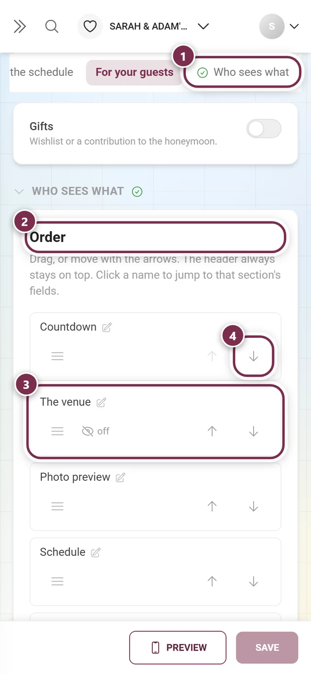 Who sees what tab with numbered rings around the tab, the Order heading, one row and the arrows