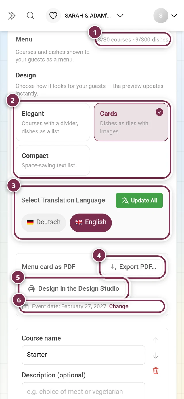 Head of the Content tab with the counter, the three design tiles, the language picker and the export buttons