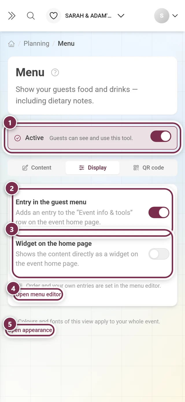 Display tab of the menu tool with the Active switch, Entry in the guest menu and Widget on the home page