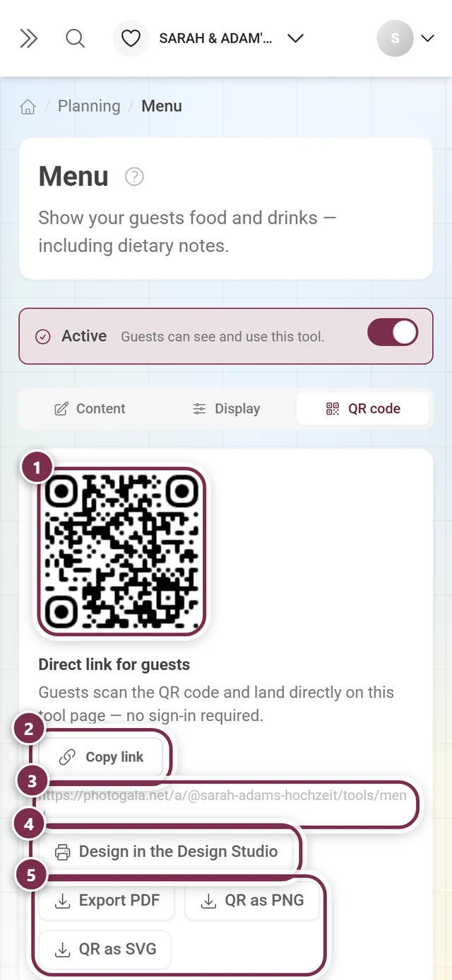 QR code tab of the menu tool with the QR code, the direct link and the buttons Copy link, Design in the Design Studio, Export PDF, QR as PNG and QR as SVG