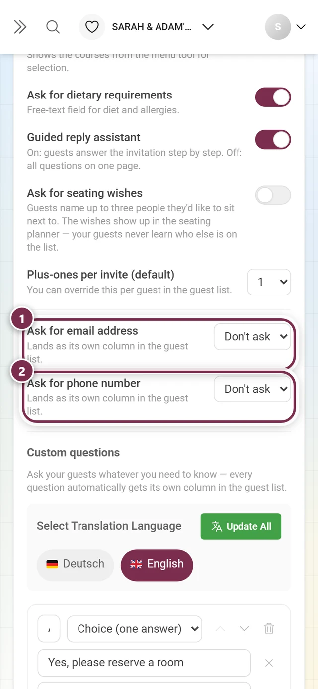The two contact questions for email address and phone number