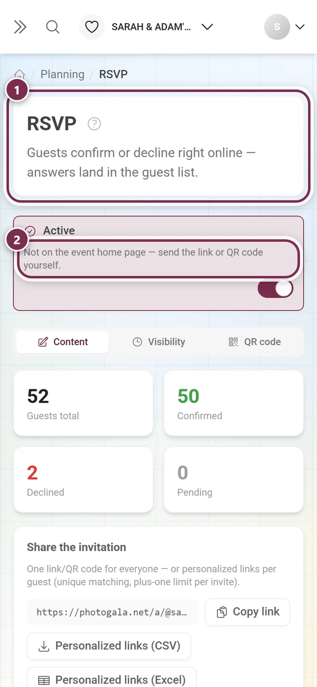 Header of the RSVP editor with title and the active banner