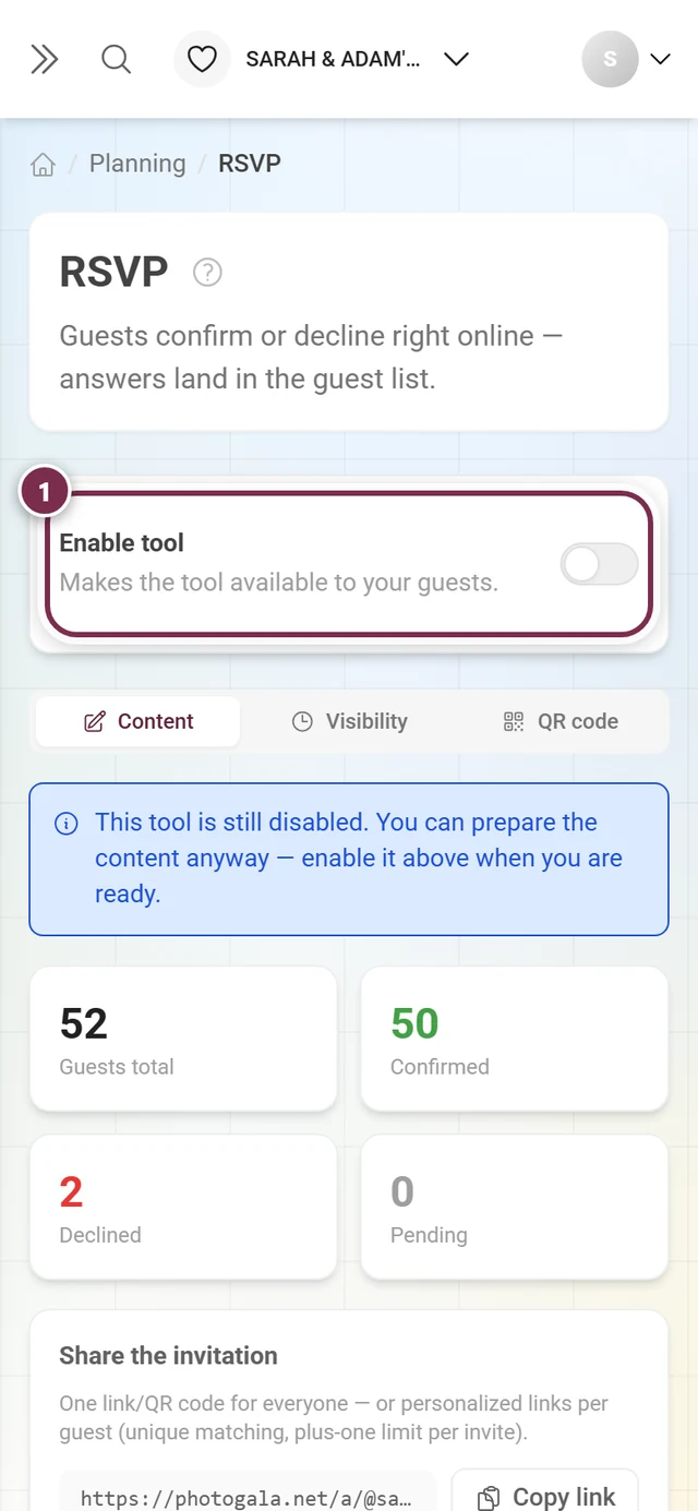 The Enable tool card in its off state with the blue hint below